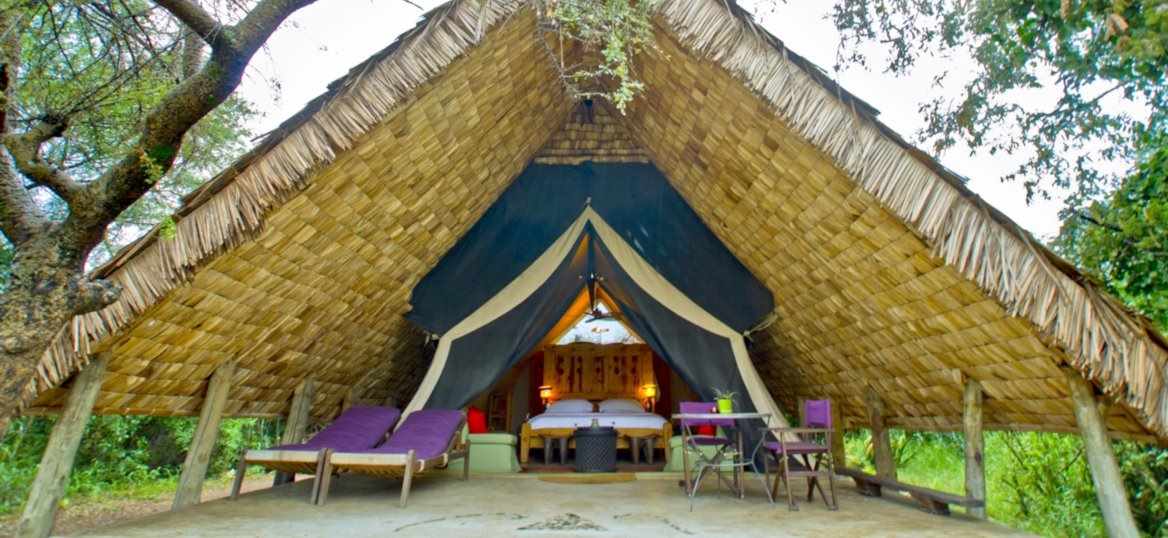 Beautiful safari tent under a wide outside roof.