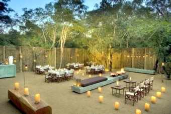 Boma layout for dinner with lights and laid out tables